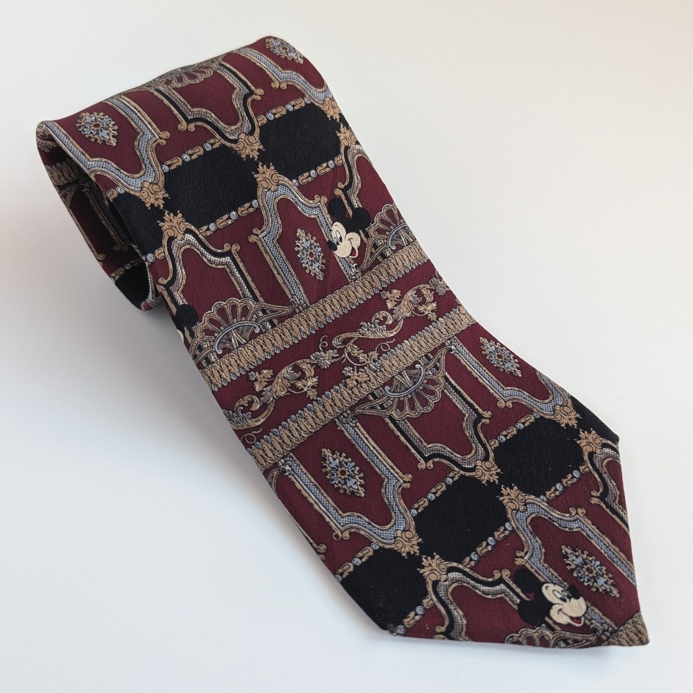 Mickey Mouse Disney Silk Tie Burgundy Black Gold Baroque 56" Short Necktie VTG